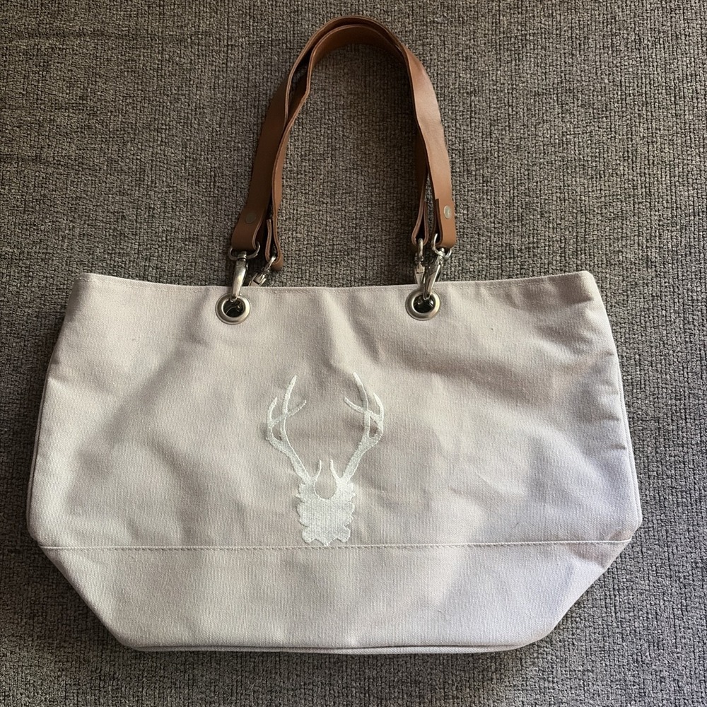 Ballard Designs Stag Antler Gray Canvas Bag Purse Tote New Medium